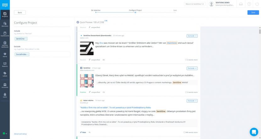 Konfigurace projektu social listening pro značku na platformě SentiOne