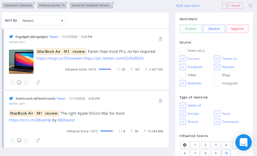A list of articles regarding the new Macbook in the SentiOne app.